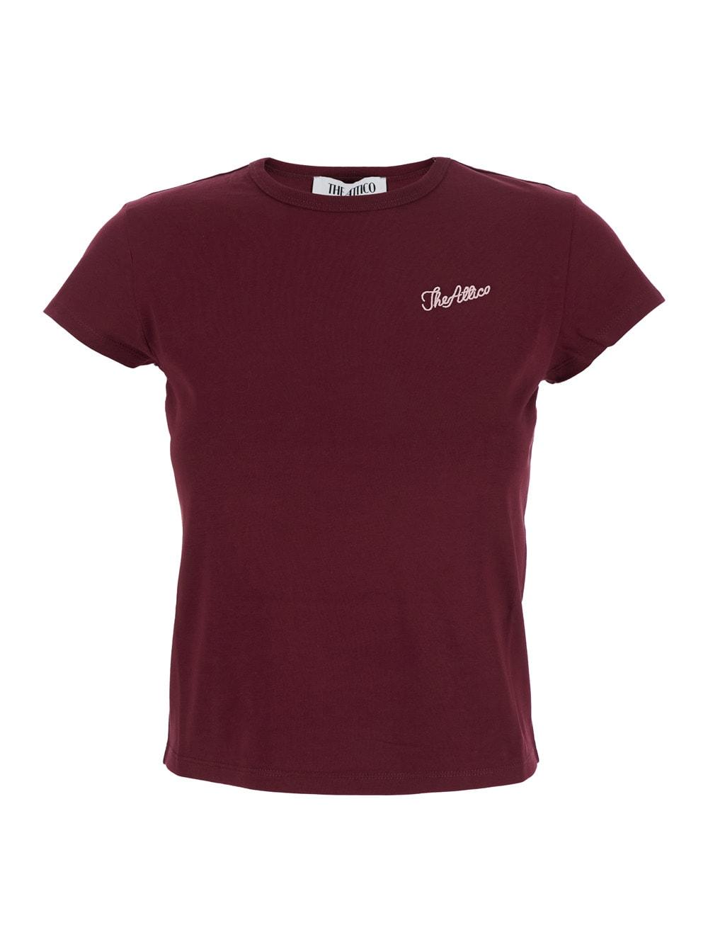 the attico bordeaux crew neck t-shirt with logo lettering on the front in cotton woman