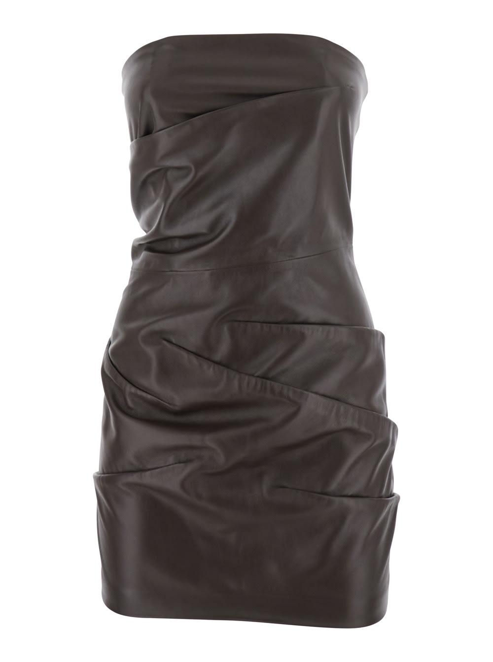 the attico brown off-shoulder sleeveless mini dress with rear zip closure in leather woman