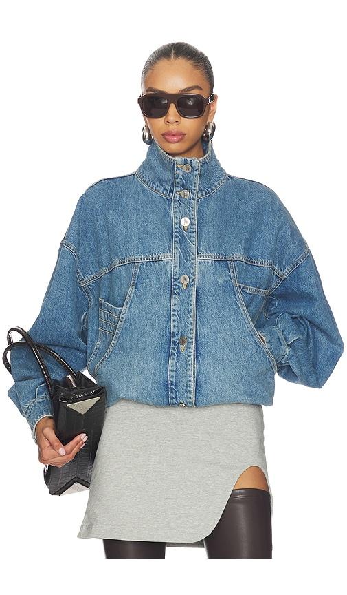 the attico denim bomber jacket in blue.