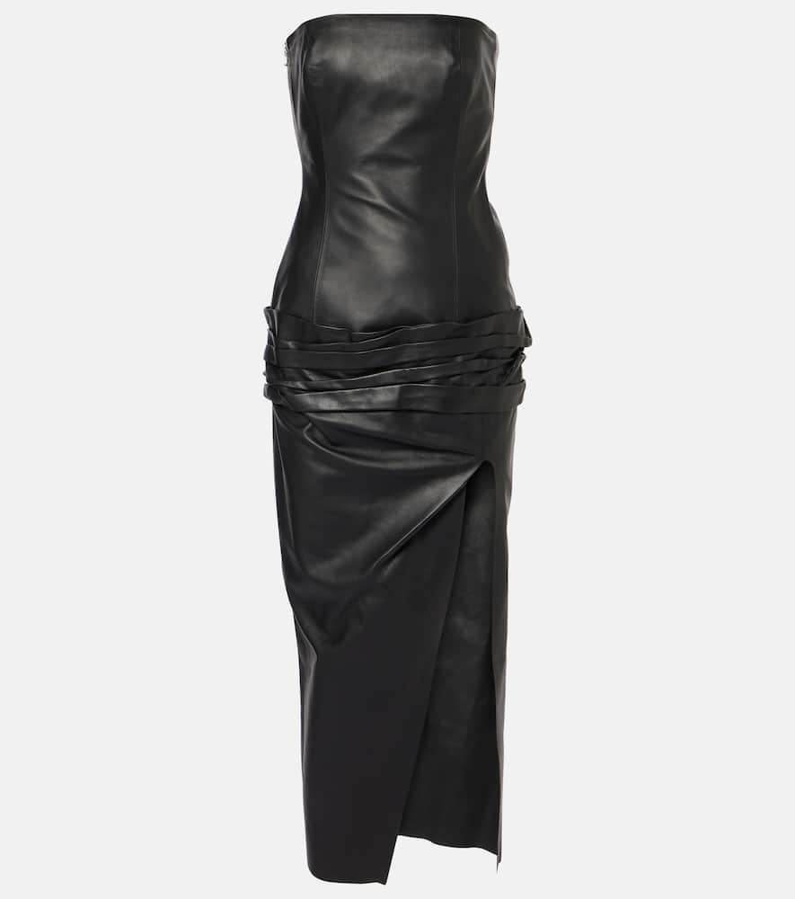 the attico draped strapless leather midi dress