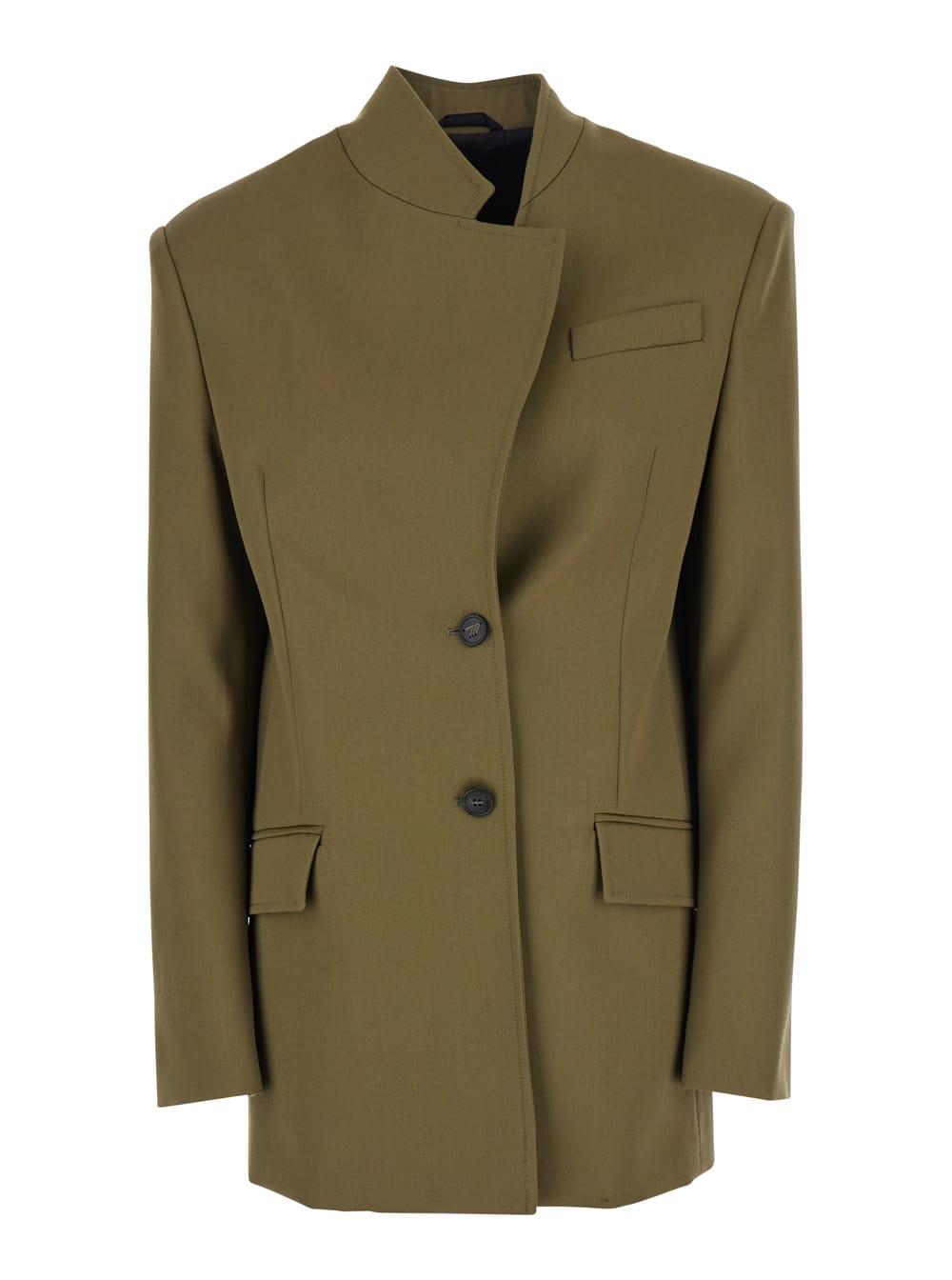 the attico green jacket with asymmetric closure on the front in wool woman