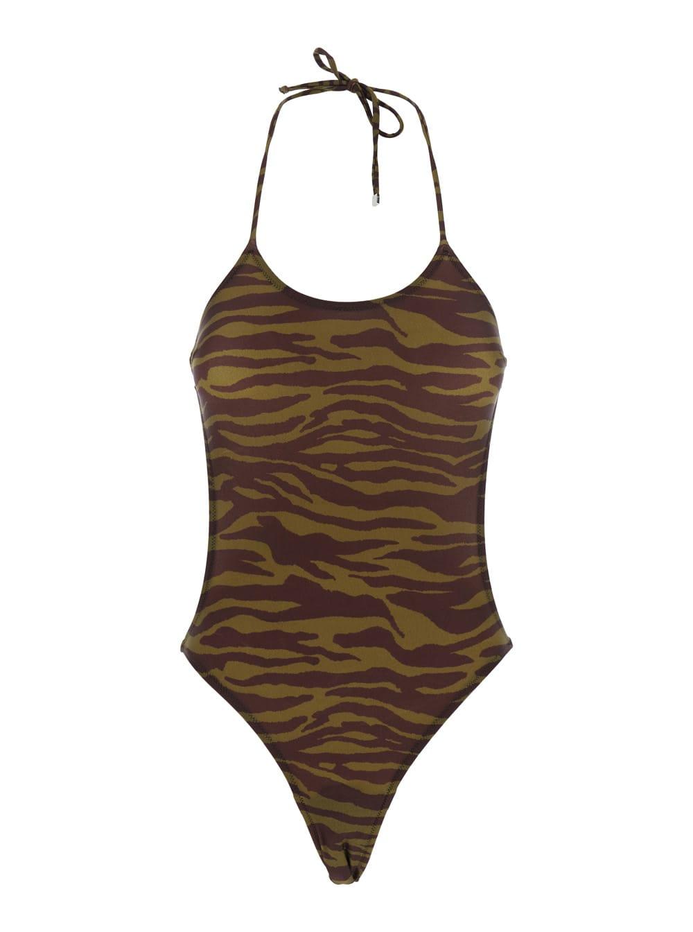 the attico green swimsuit with halterneck with tie and all-over print in tech fabric stretch woman