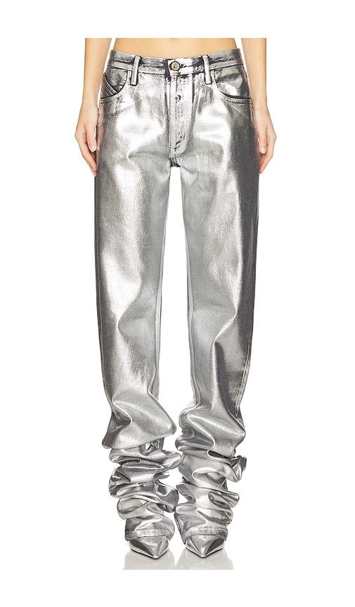 the attico long jeans in metallic silver.