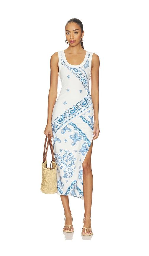 the attico paisley midi dress in blue.