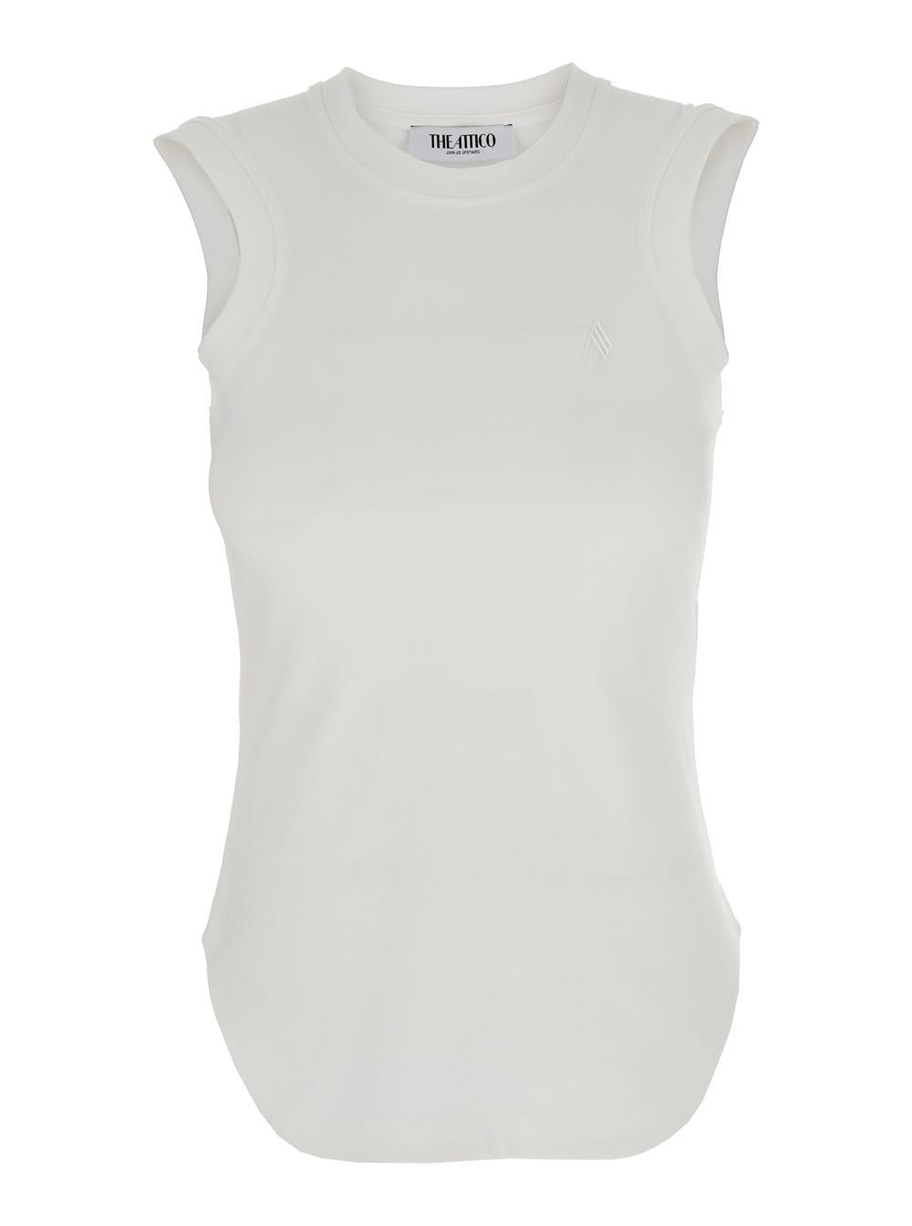 the attico white sleeveless crewneck top with tonal logo embroidery on the front in cotton woman