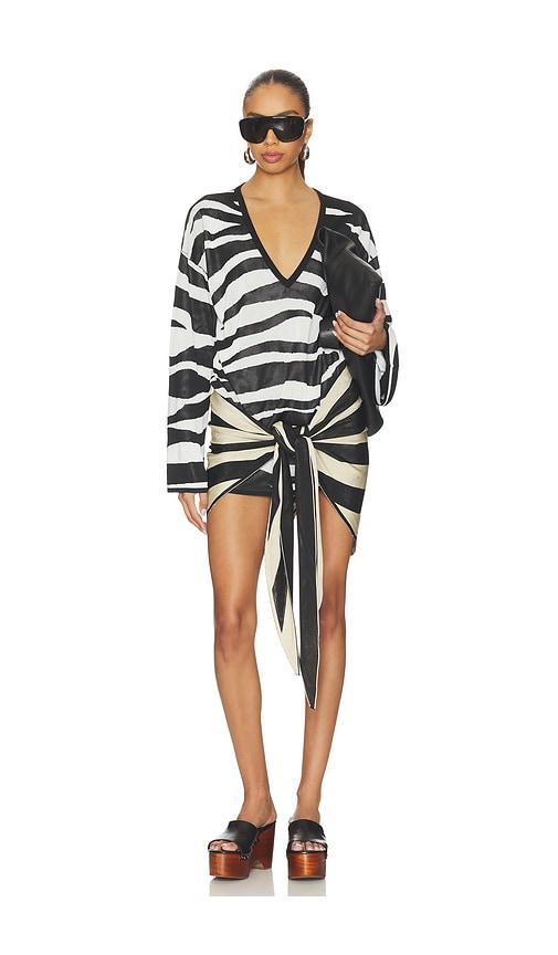 the attico zebra v neck mini dress in black,white.
