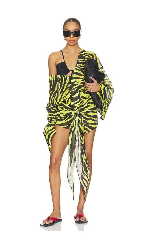 the attico zebra wrap mini dress in yellow,black.