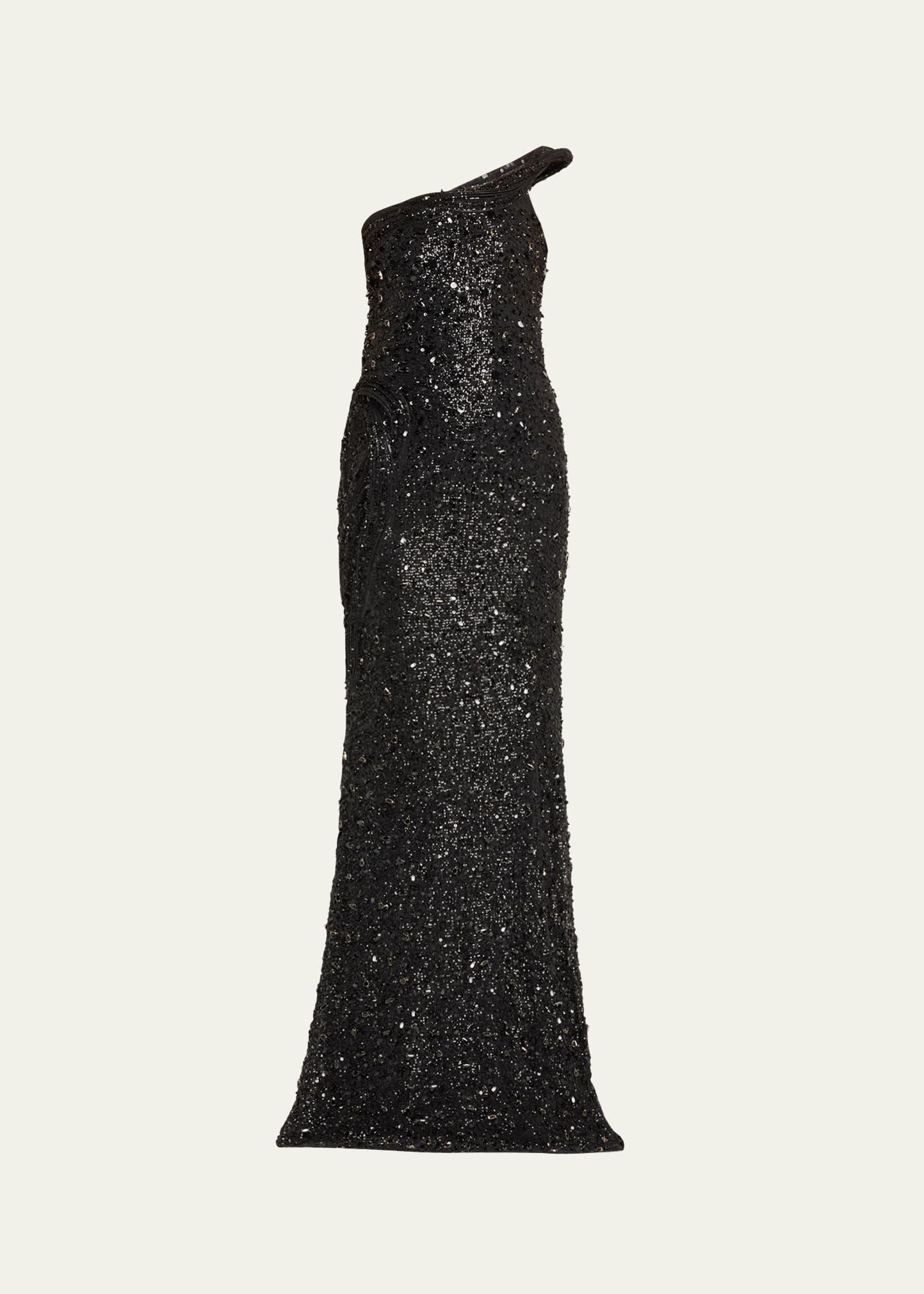 the celestial one-shoulder sequined crystal sculpted gown