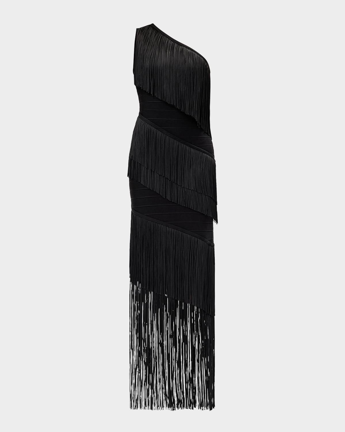 the eleanor one-shoulder fringe gown
