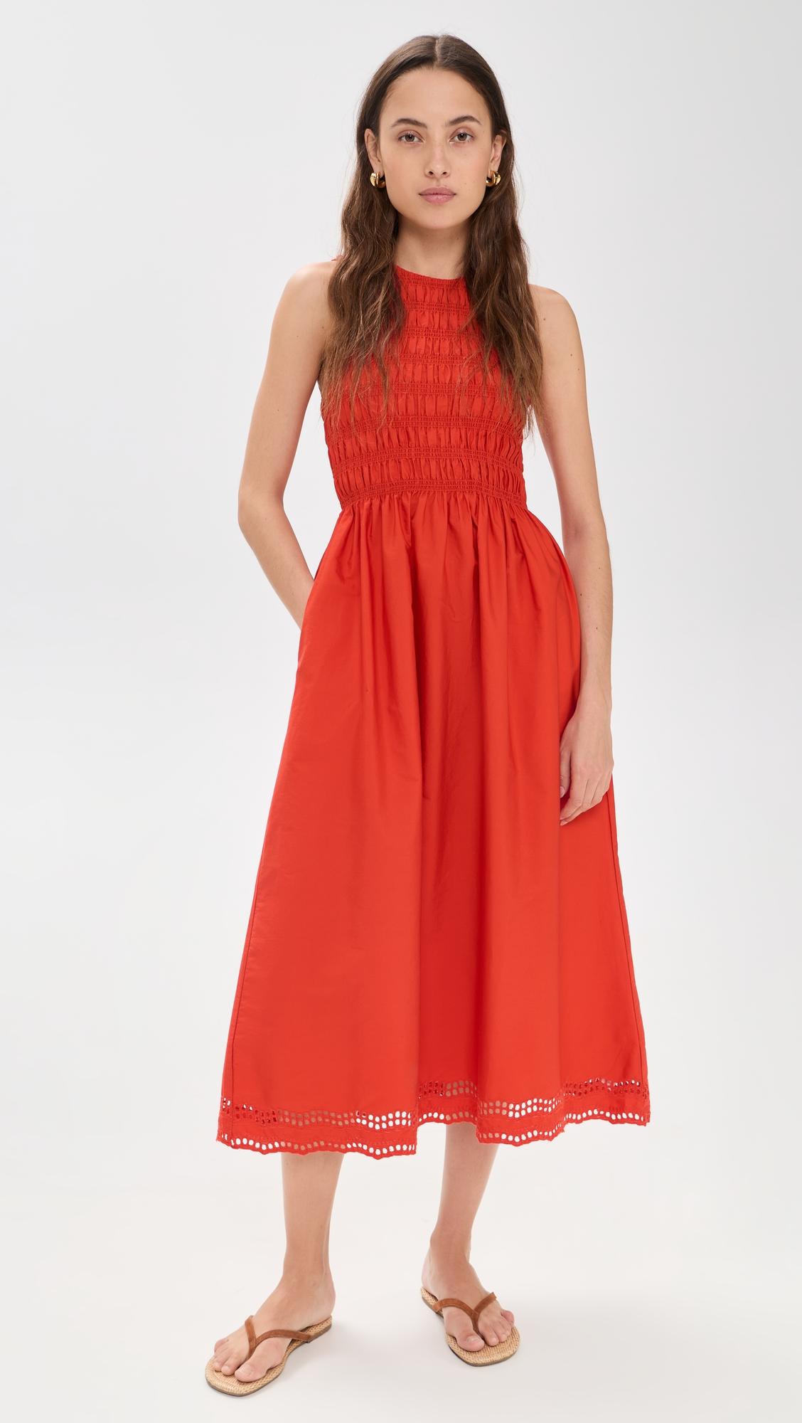 the embroidered melody smocked midi dress