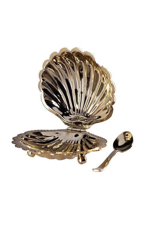 the favorites cap ferrat fan shell lidded bowl with spoon in metallic gold.