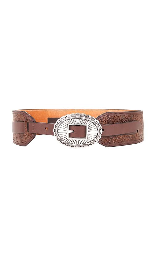 the great the tooled waist belt x stetson collab in brown,metallic silver.