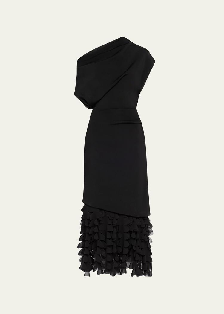 the lainey asymmetric draped 3d petal dress
