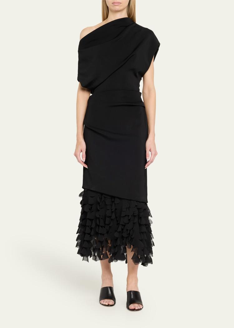 the lainey asymmetric draped 3d petal dress