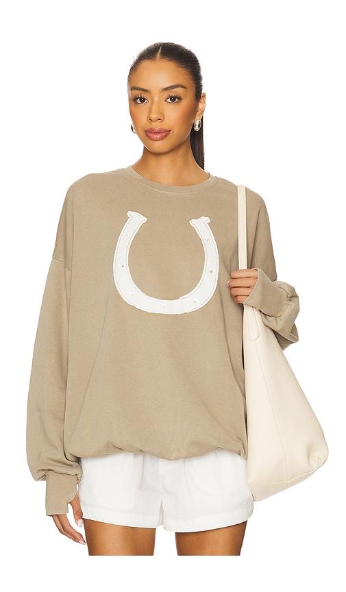 the laundry room horseshoe patchwork jump jumper in taupe.