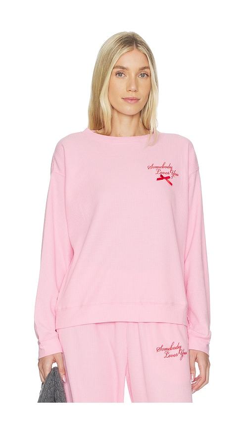 the mayfair group somebody love you waffle crewneck sweatshirt in pink.