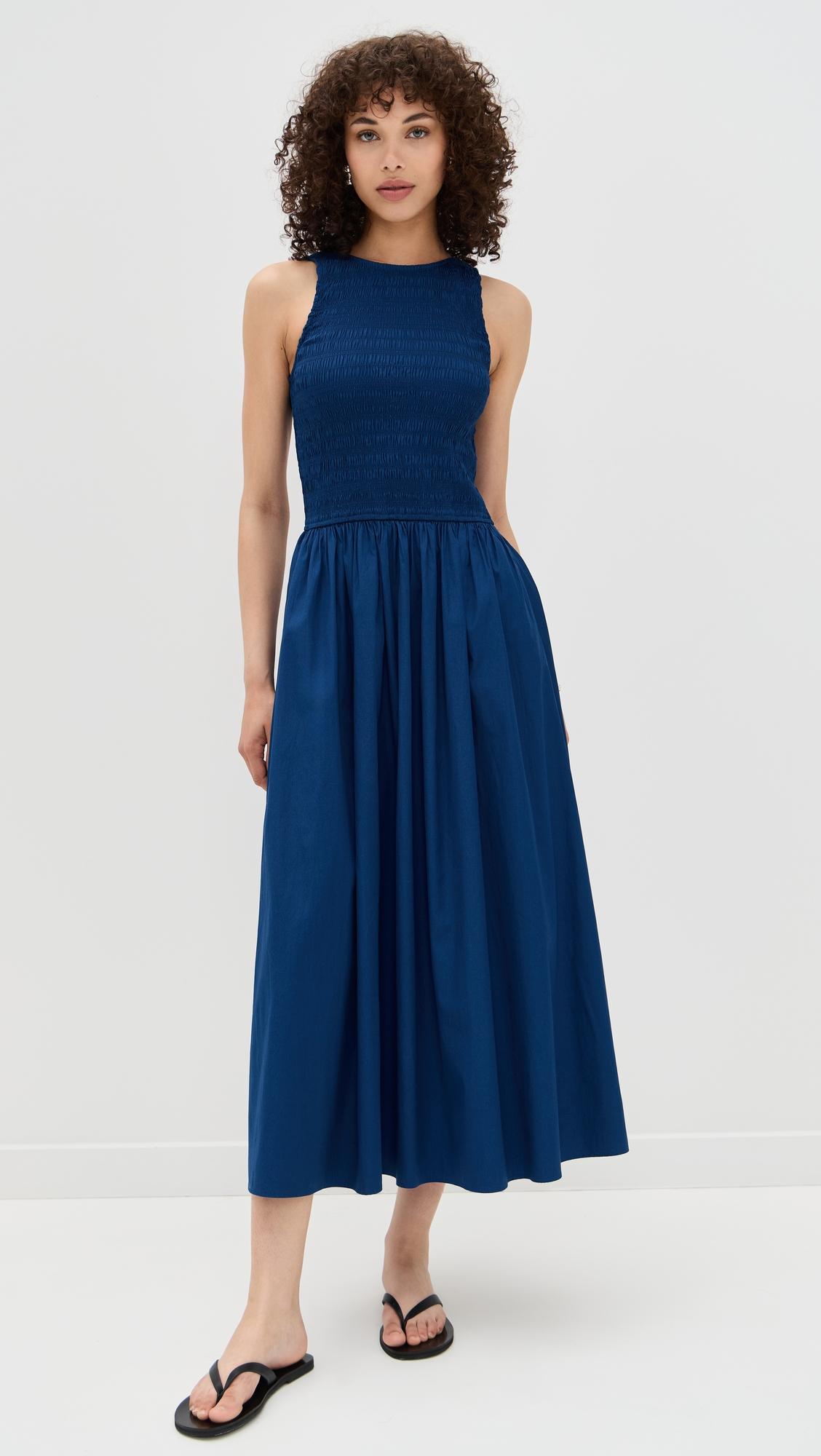 the melody scoopback smocked midi dress