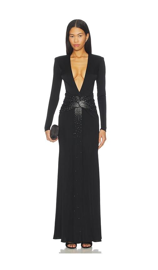 the new arrivals by ilkyaz ozel azure crystal embellished maxi dress in black.