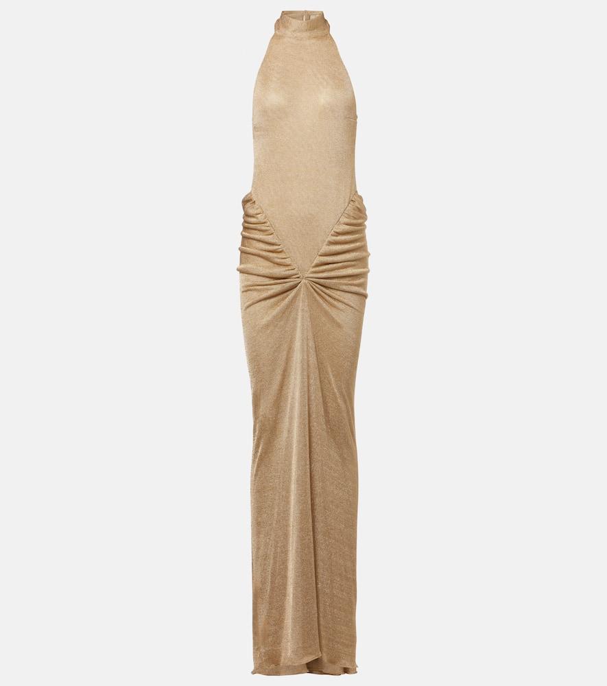 the new arrivals ilkyaz ozel cass ruched halterneck lamé gown