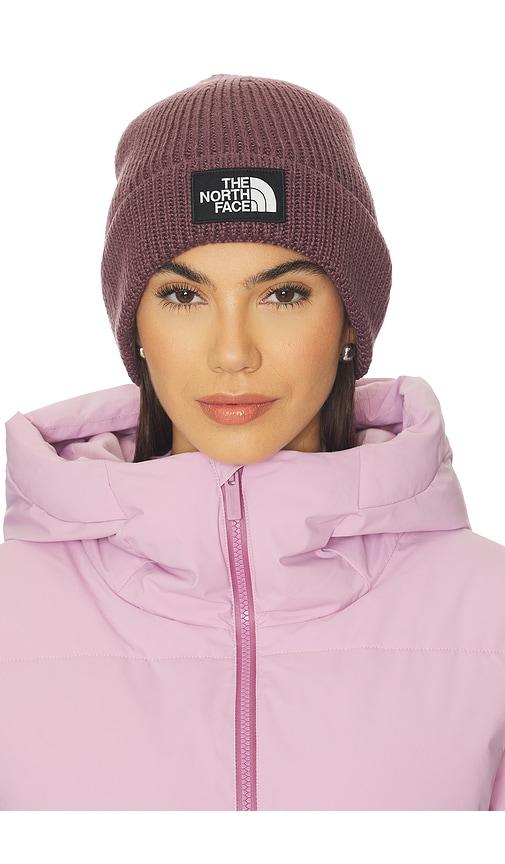 the north face logo box cuffed beanie in grey.