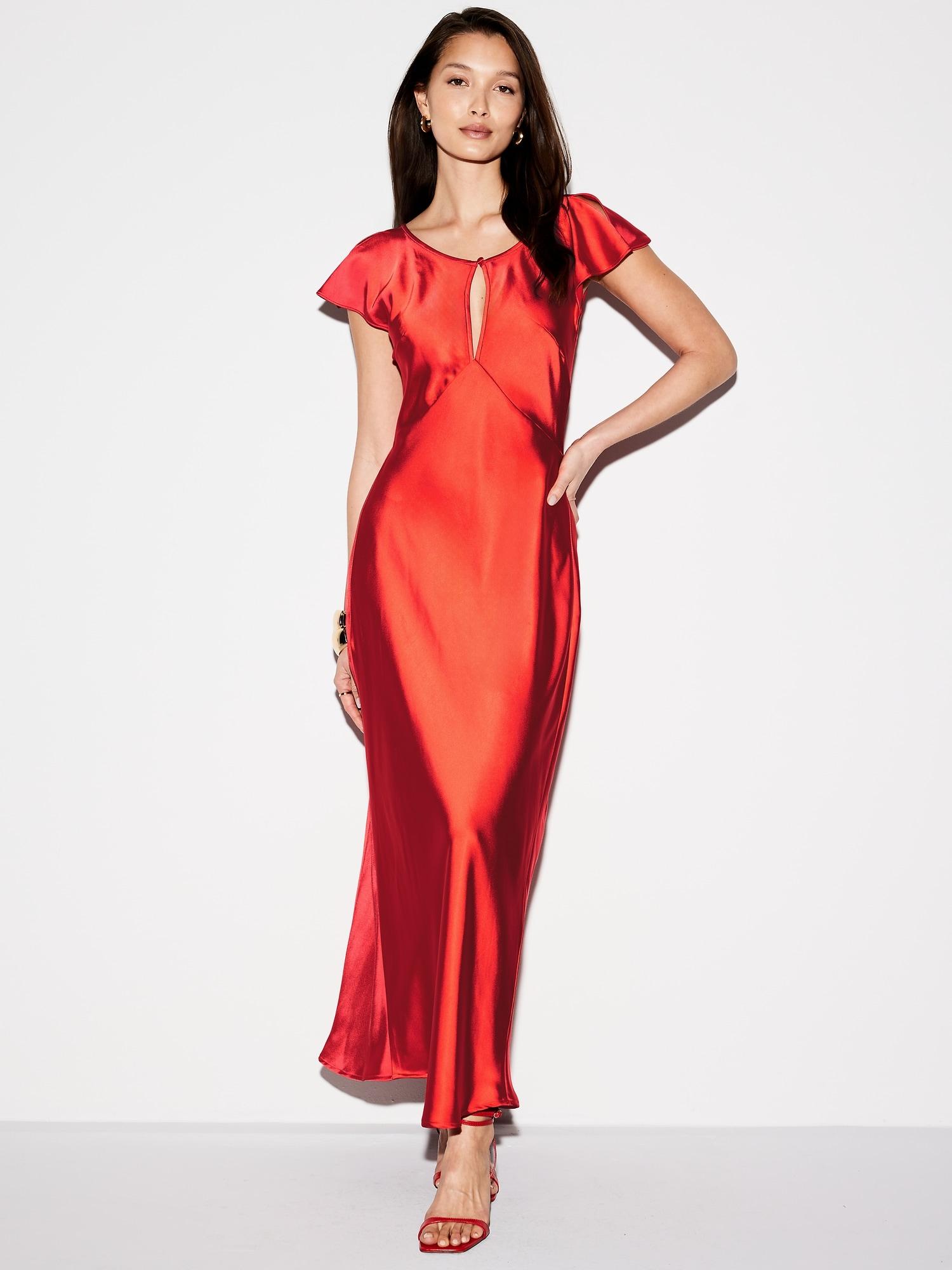 the occasion by old navy flutter-sleeve keyhole satin maxi dress