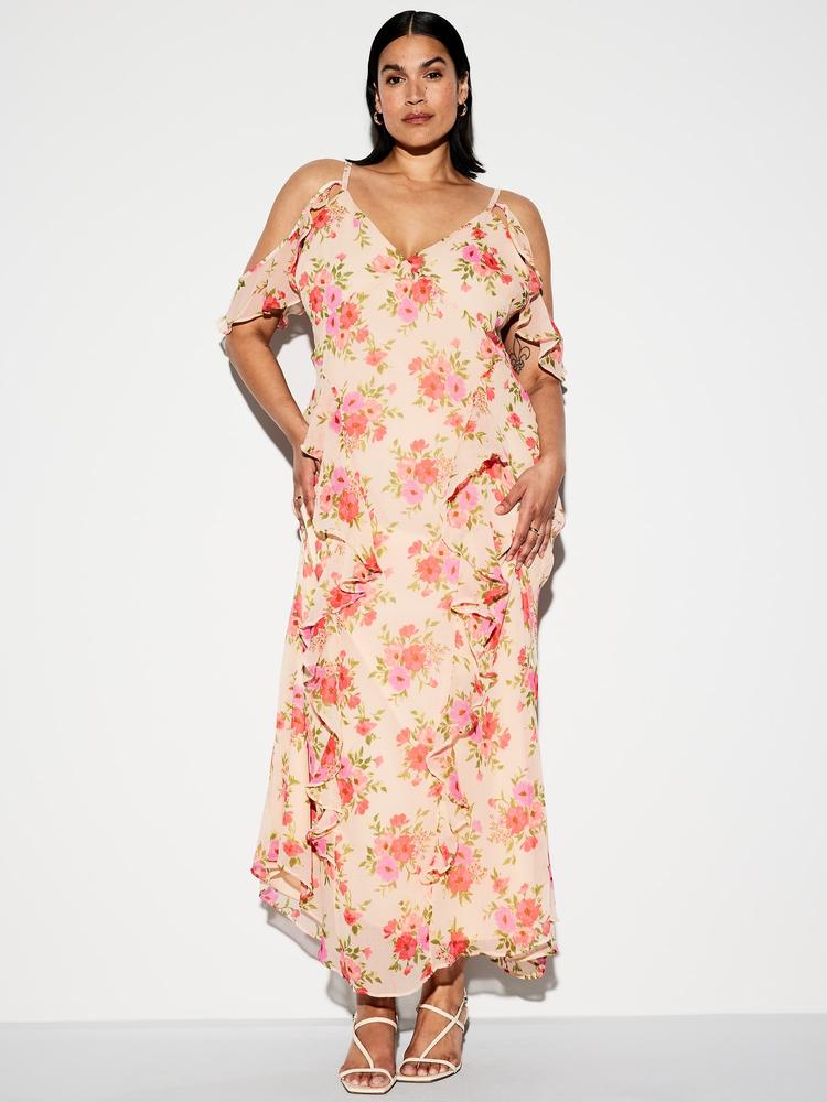 the occasion by old navy off-shoulder ruffle chiffon maxi dress