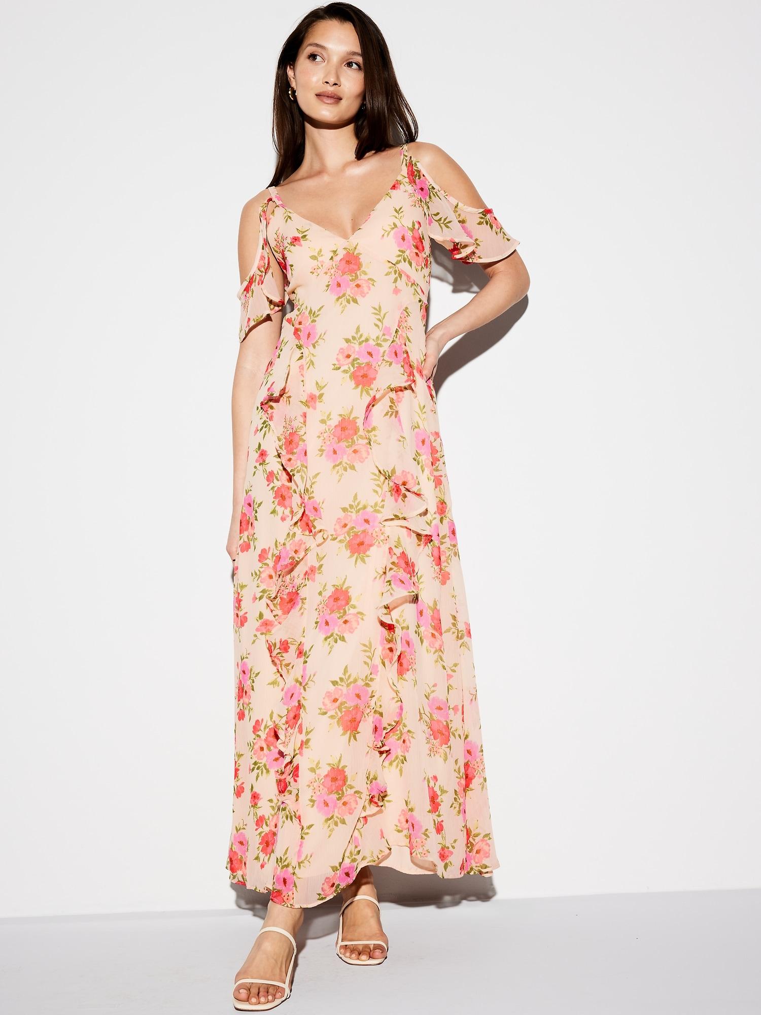 the occasion by old navy off-shoulder ruffle chiffon maxi dress