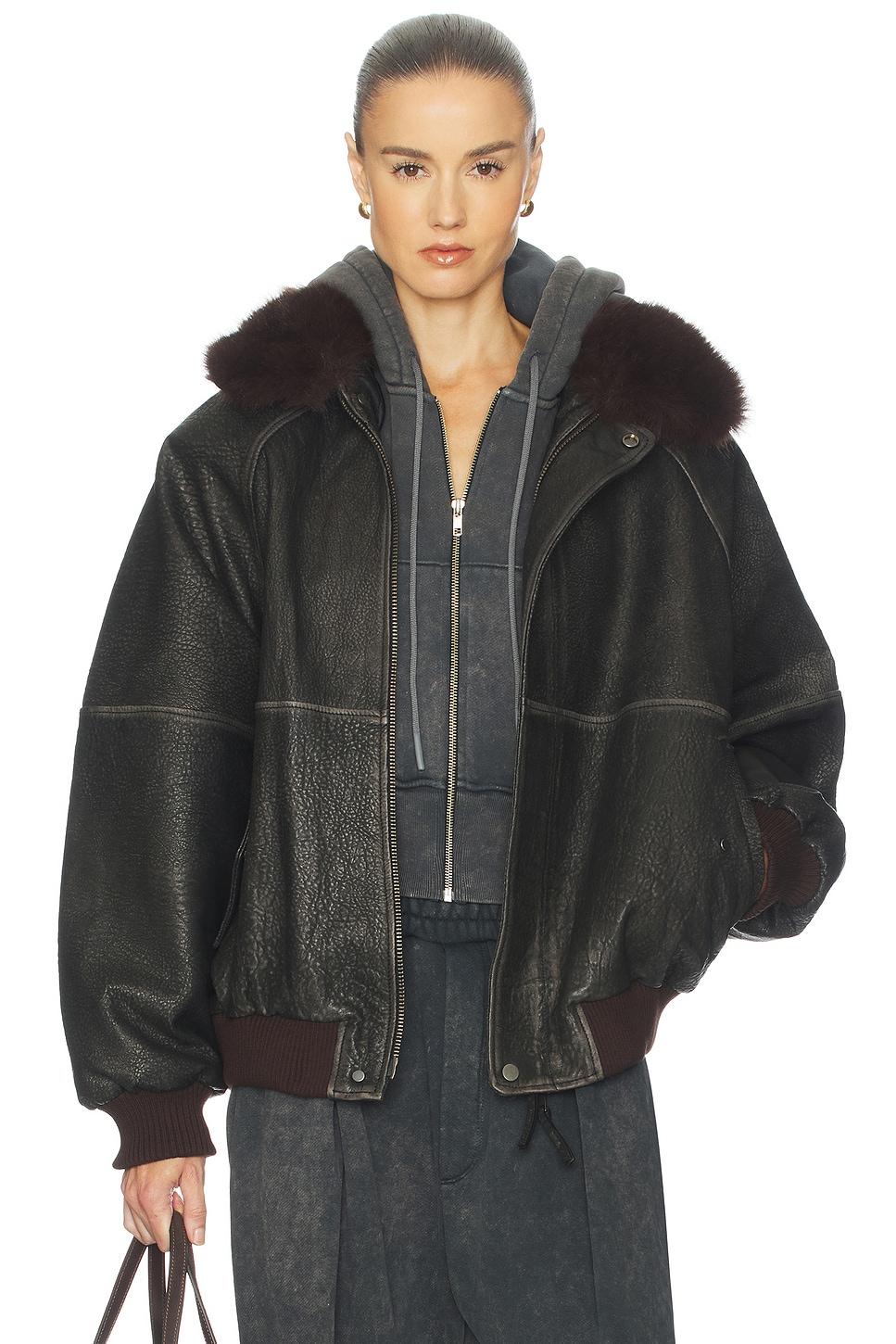the oversized leather bomber with faux fur collar