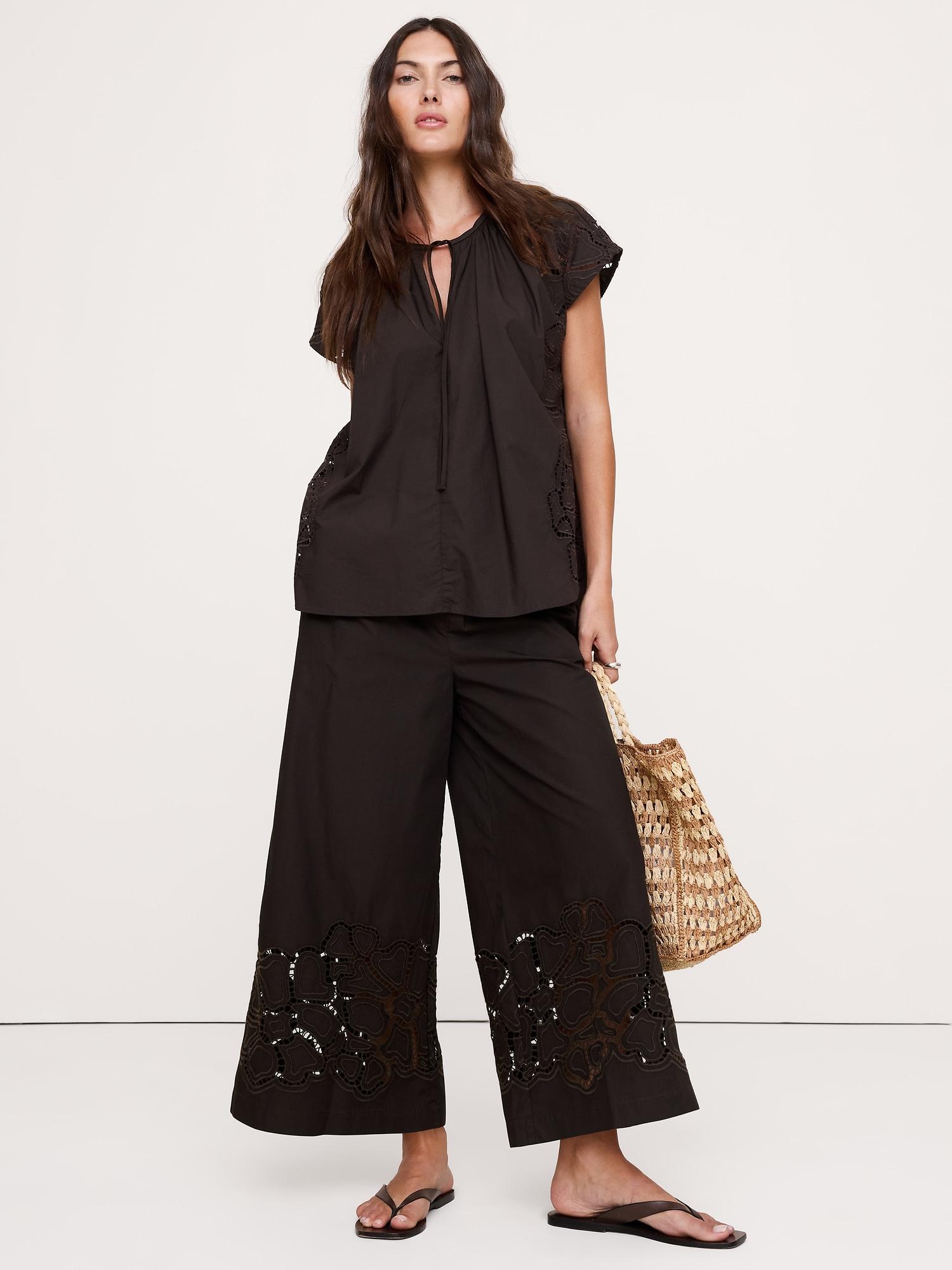the pull-on wide-leg ankle pant in embroidered poplin