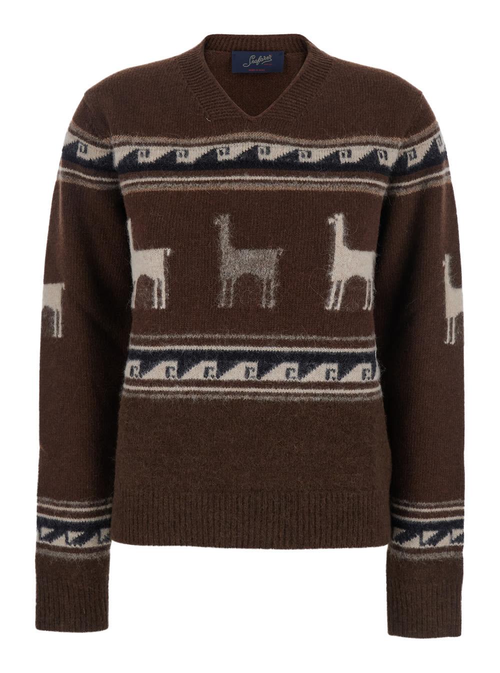 the seafarer brown sweater with v neck and front motif in wool woman