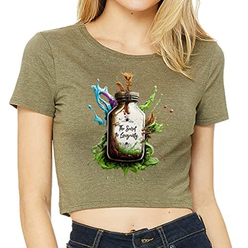 the secret of longevity women's cropped t-shirt - art crop top - unique cropped tee - heather olive, xs/s