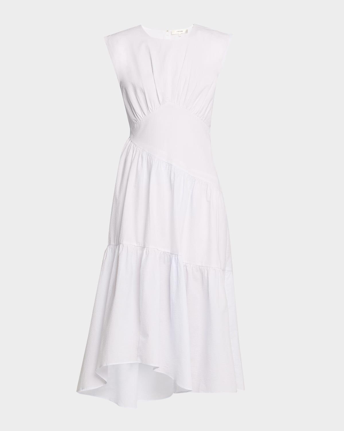 the seersucker gathered seam midi dress