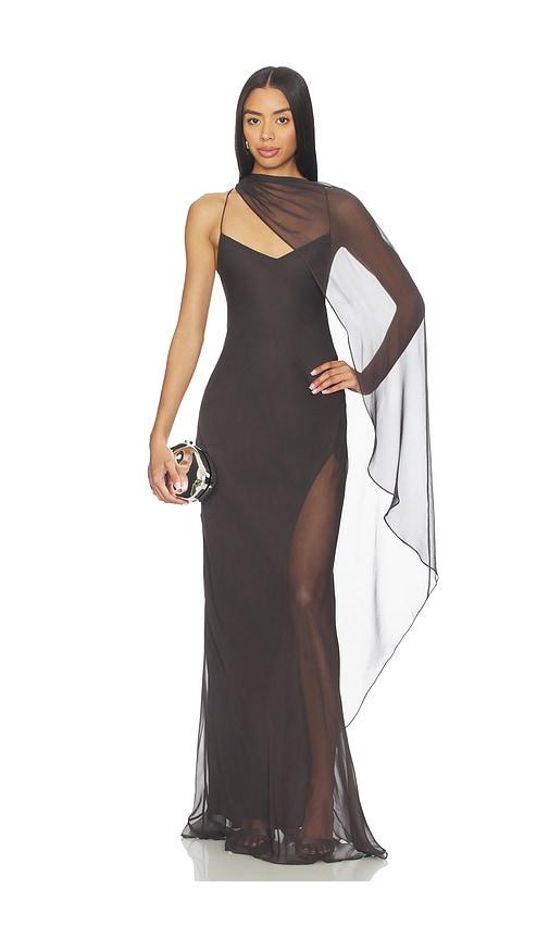 the sei cami gown with slit and cape in charcoal.