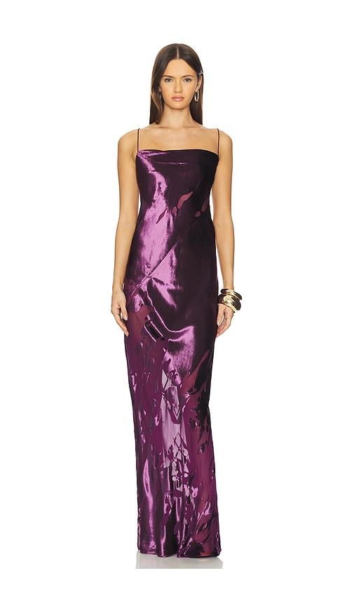 the sei cowl bias gown in purple.