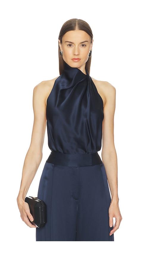 the sei draped halter top in navy.