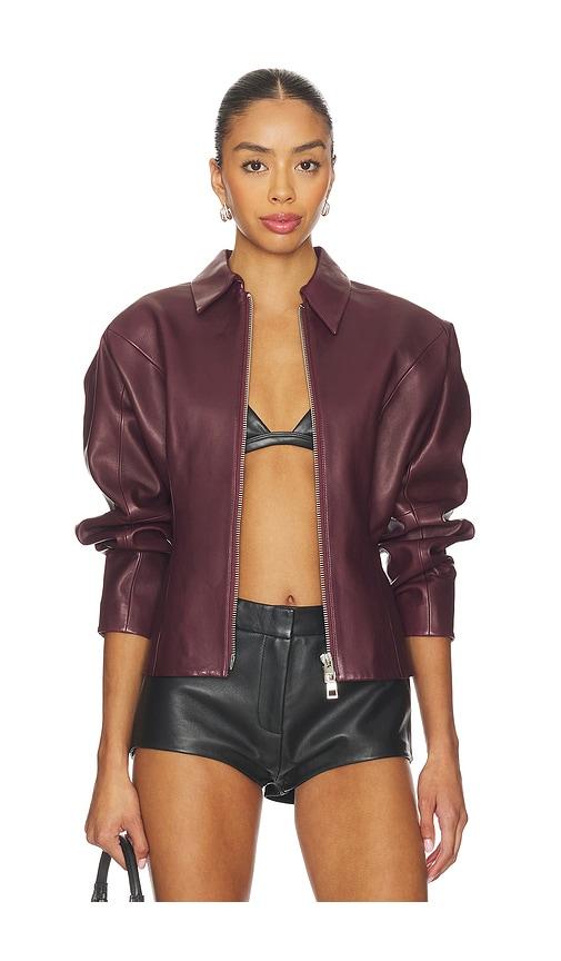 the sei fitted leather jacket in burgundy.