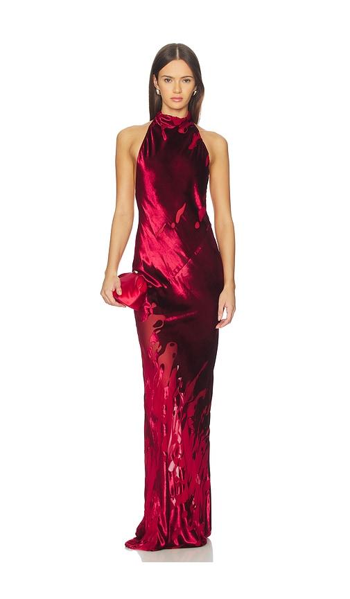 the sei halter bias gown in red.