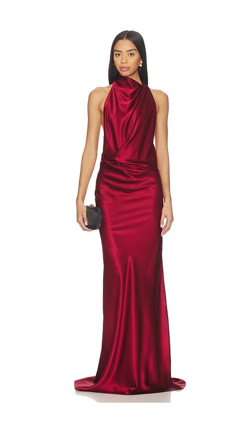 the sei halter drape bias gown in red.