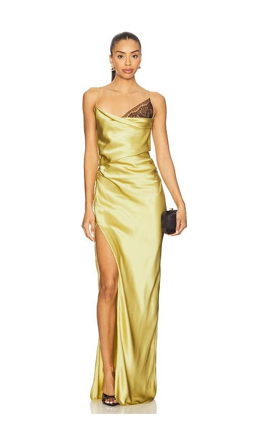 the sei lace inset cowl gown in yellow.