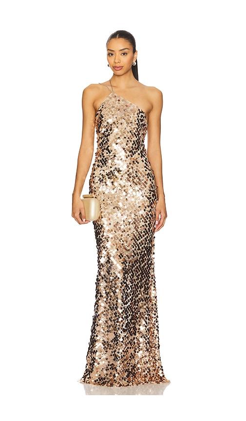the sei paillette one shoulder gown in metallic bronze.
