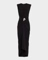the serena v neck dress with center drape and swirl