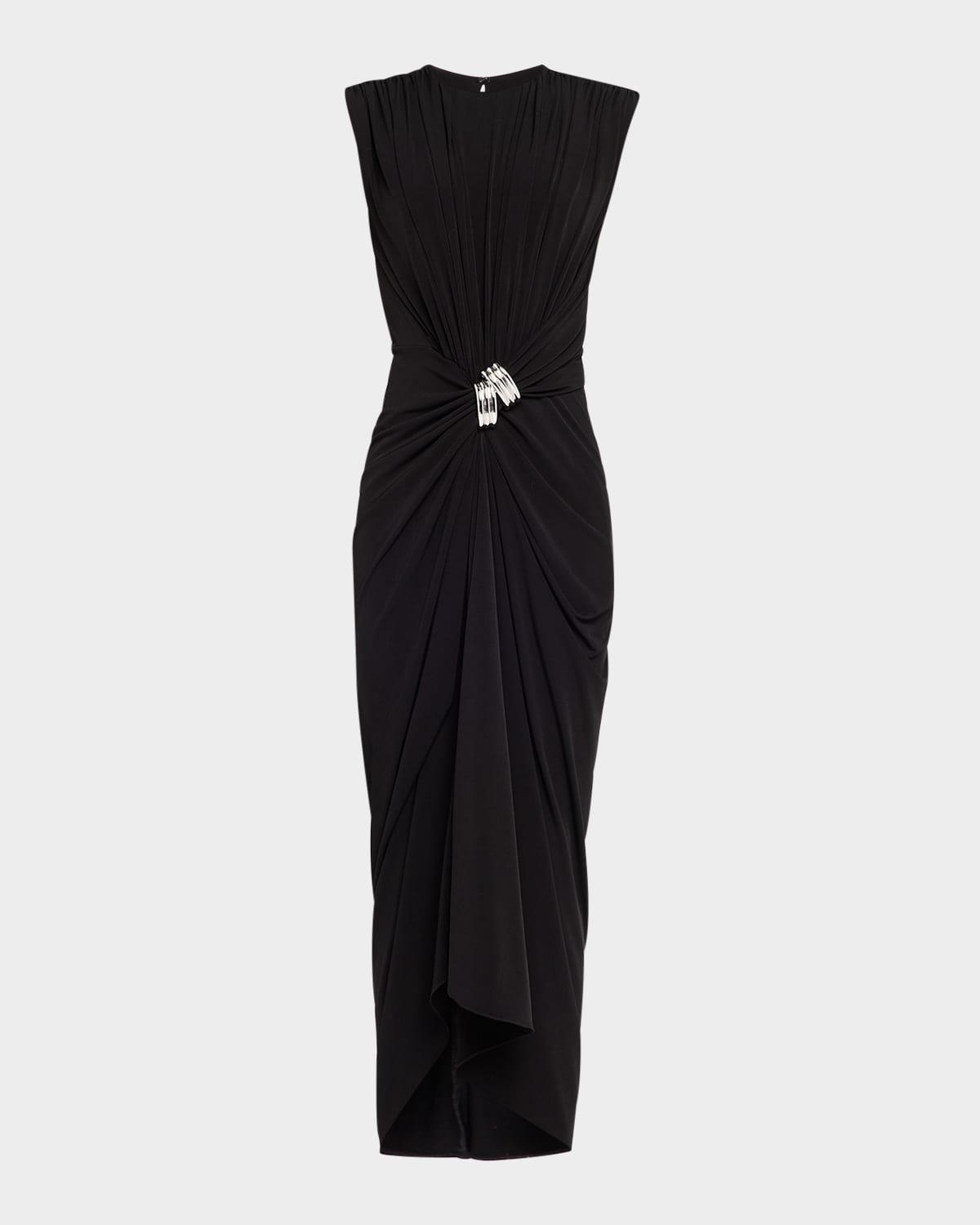 the serena v neck dress with center drape and swirl