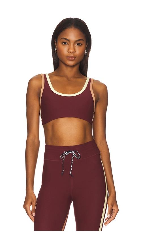 the upside trail harley scoop sports bra in burgundy.