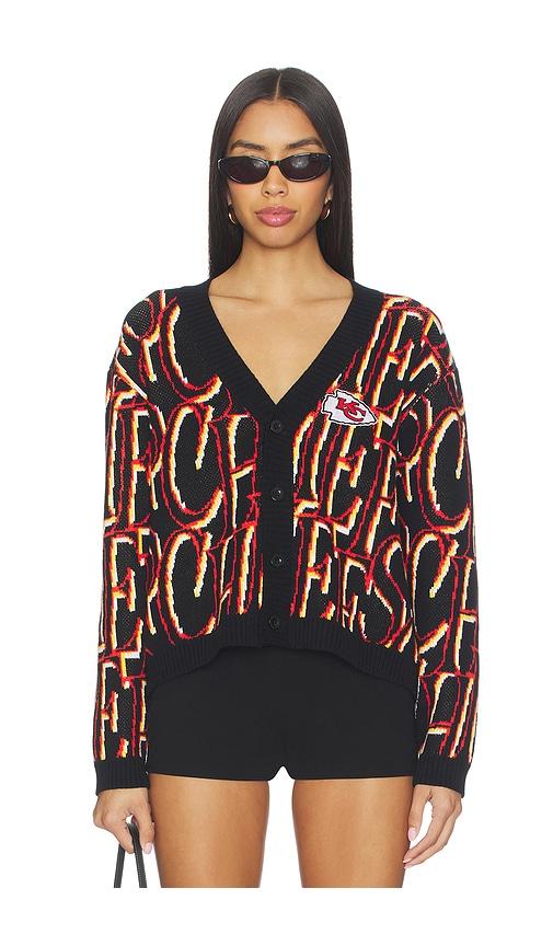 the wild collective chiefs cropped cardigan in black,red.