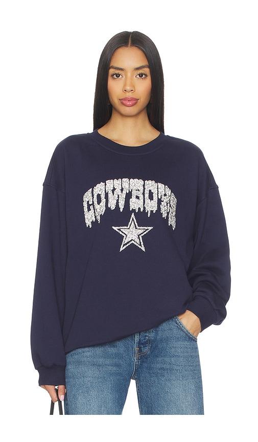 the wild collective cowboys oversized crew pullover with crystal rock in navy.