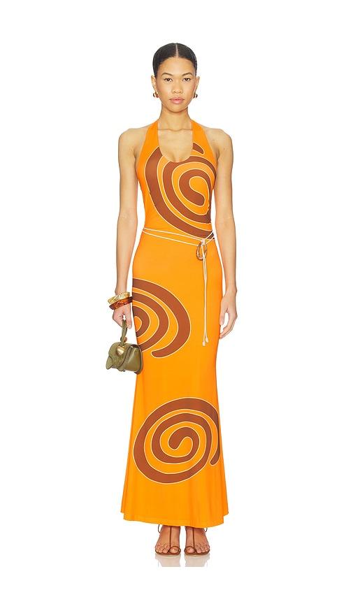 the wolf gang giro halter dress in orange.