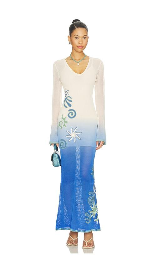 the wolf gang malaga maxi dress in white,blue.