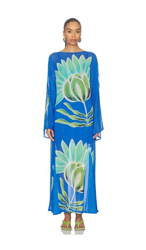 the wolf gang solsana long sleeve dress in blue.