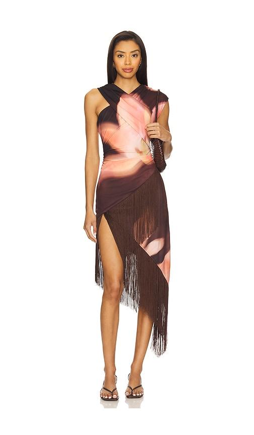 the wolf gang veda midi dress in brown.
