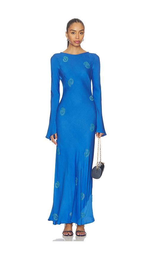 the wolf gang zephora maxi dress in blue.